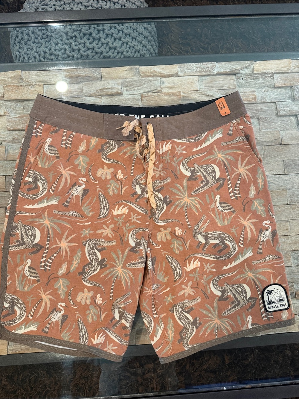 Howler Brothers Rust Alligator & Tropical Print Swim Board Shorts